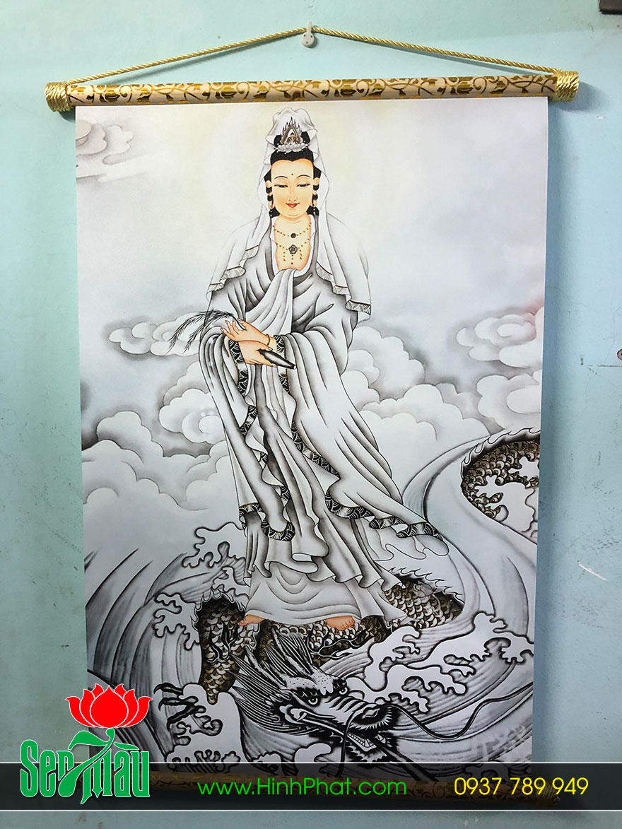 Tranh Phật in trên vải Canvas gắn sáo gỗ