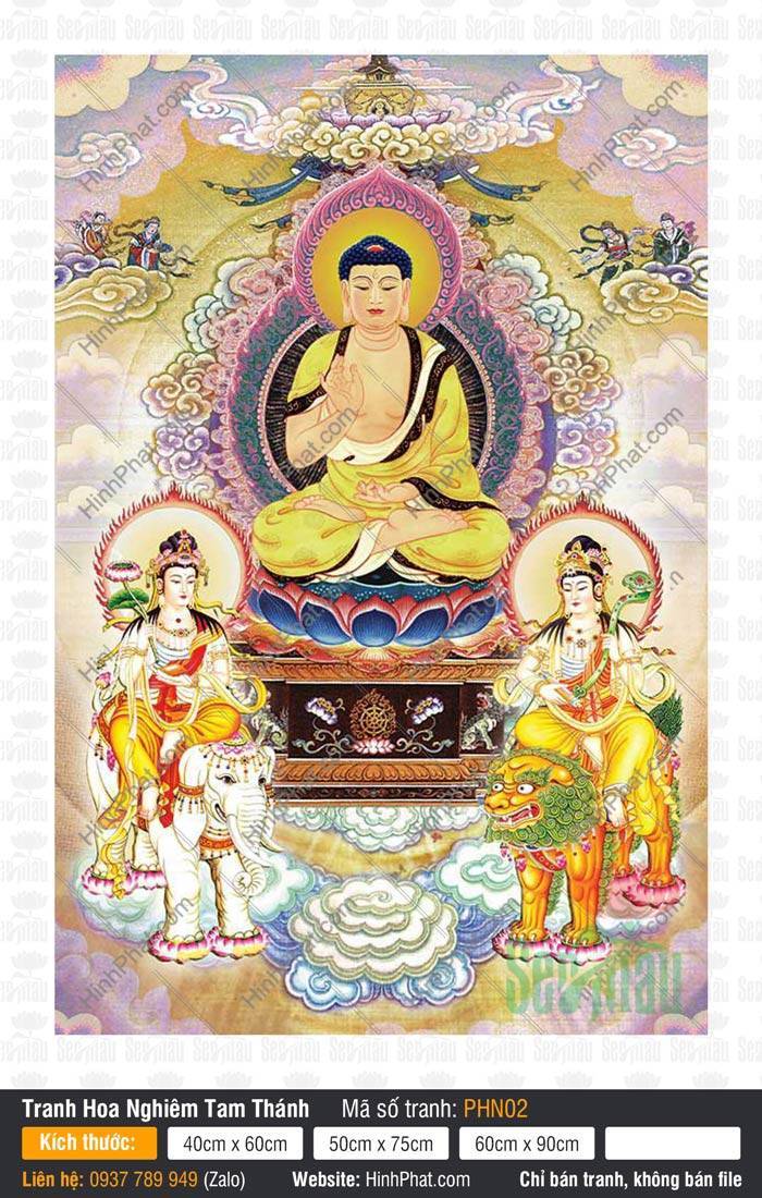 Hình Hoa Nghiêm Tam Thánh PHN02 Hình Hoa Nghiêm Tam Thánh PHN02 khắc họa Đức Thích Ca và hai vị Bồ Tát