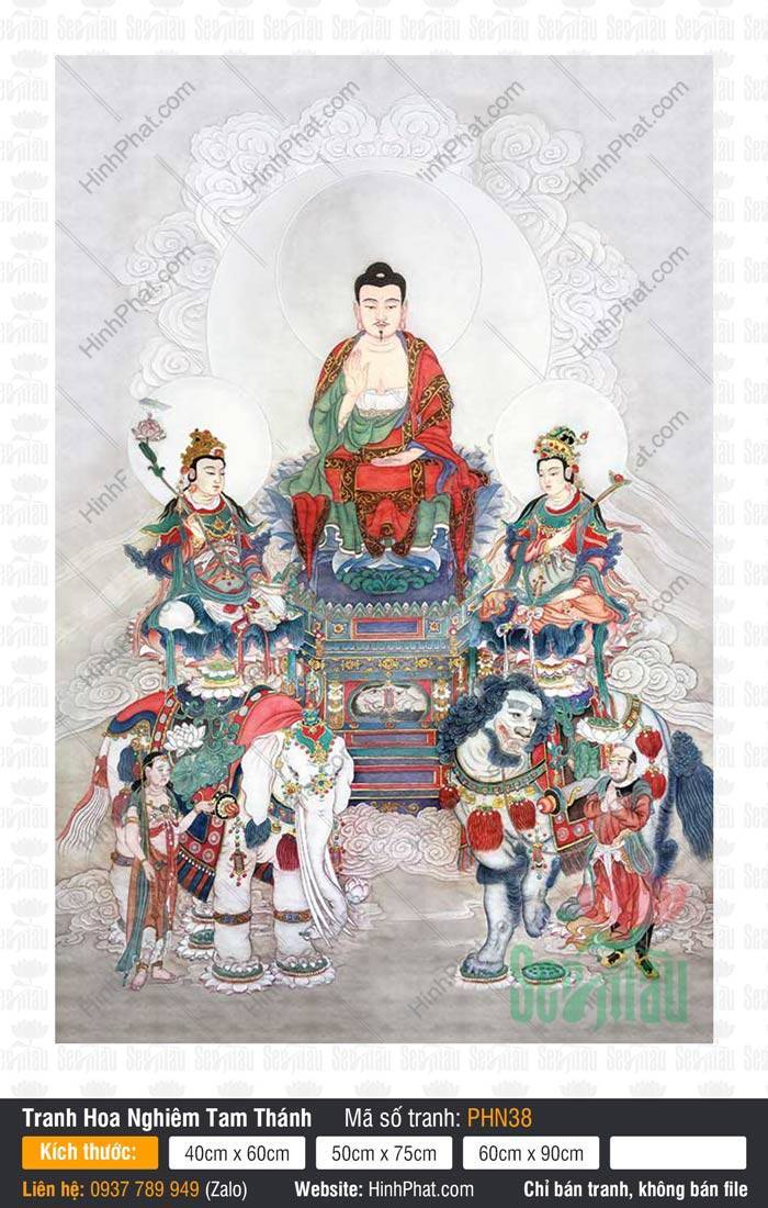 Hình Hoa Nghiêm Tam Thánh PHN38 Hình Hoa Nghiêm Tam Thánh PHN38 mang phong cách bích họa cổ điển trên bảo tọa tinh xảo