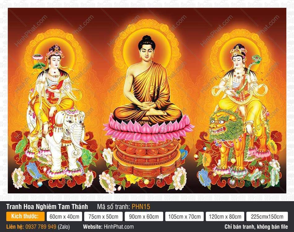Hình Hoa Nghiêm Tam Thánh đẹp PHN15 Hình Hoa Nghiêm Tam Thánh đẹp PHN15 ngự tòa sen trên nền đỏ cam rực rỡ