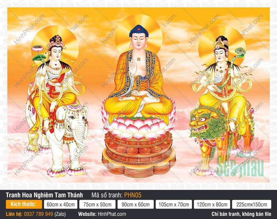 Hình Hoa Nghiêm Tam Thánh kích thước lớn PHN05 Hình Hoa Nghiêm Tam Thánh kích thước lớn PHN05 khắc họa ba vị ngự trên mây trời