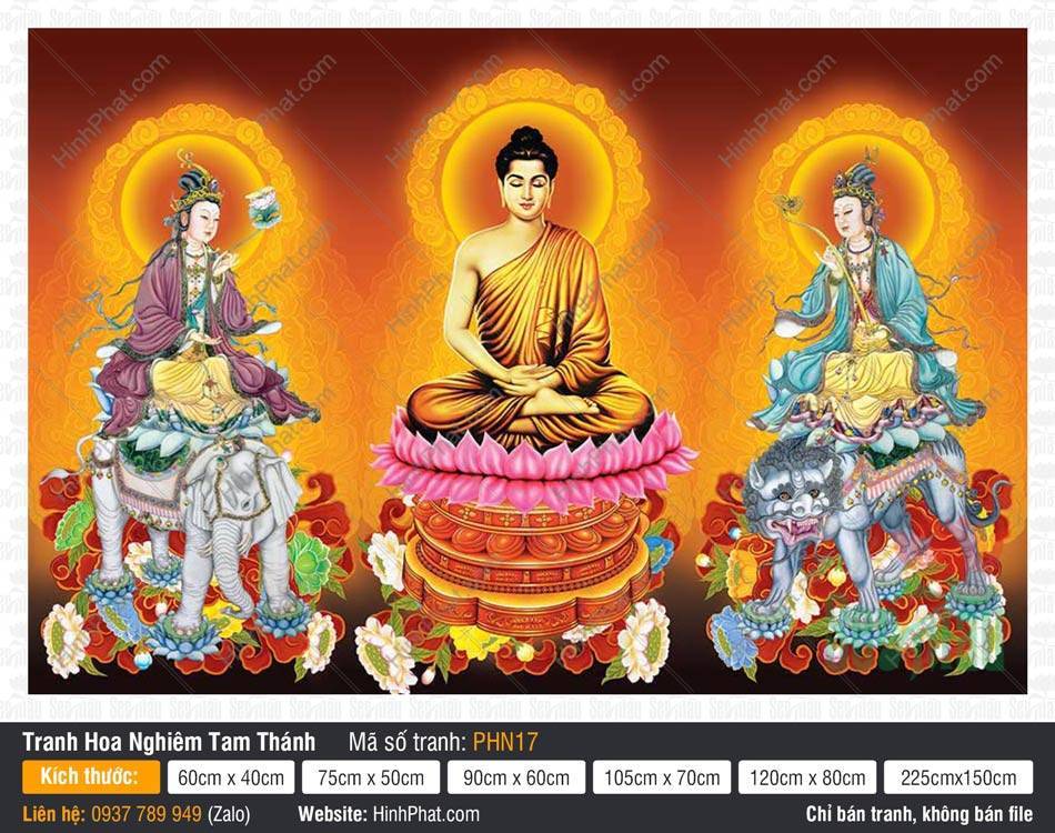 Hình Hoa Nghiêm Tam Thánh kích thước lớn PHN17 Hình Hoa Nghiêm Tam Thánh kích thước lớn PHN17 khắc họa Đức Thích Ca và hai Bồ Tát