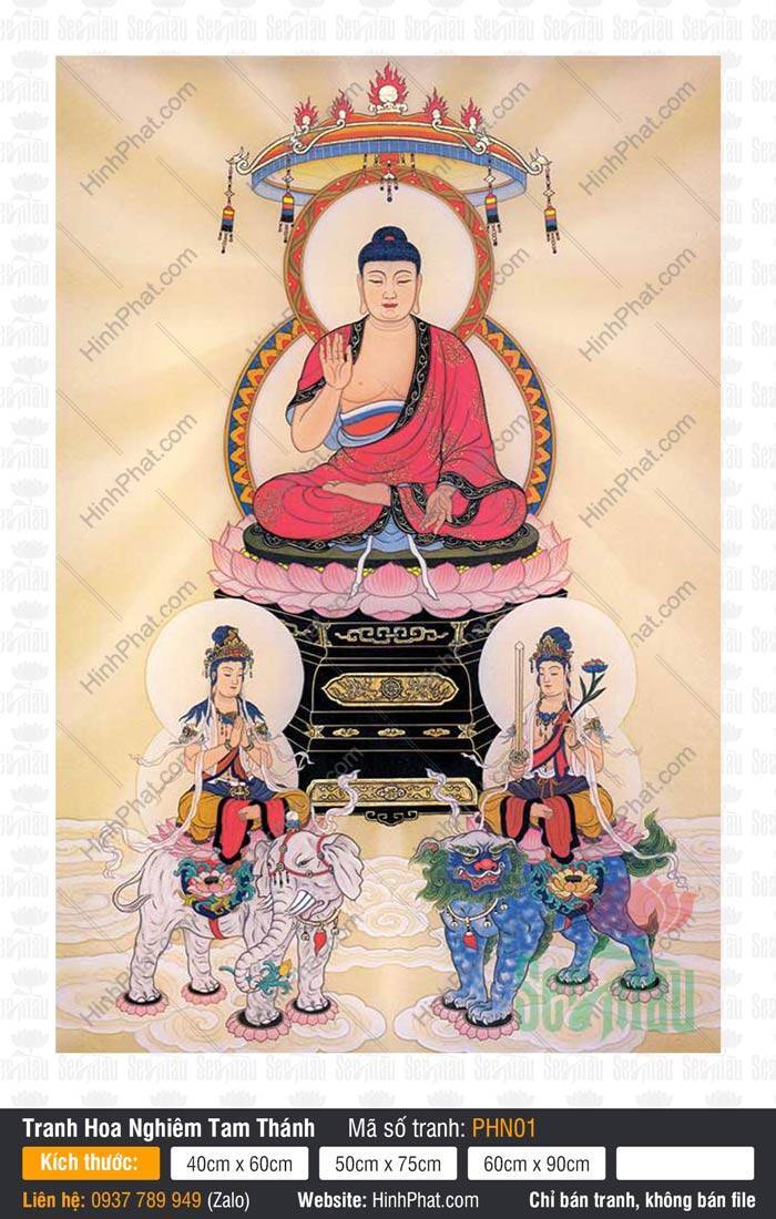 Hoa Nghiêm Tam Thánh PHN01 Tranh Hoa Nghiêm Tam Thánh PHN01 với Đức Thích Ca và hai vị Bồ Tát