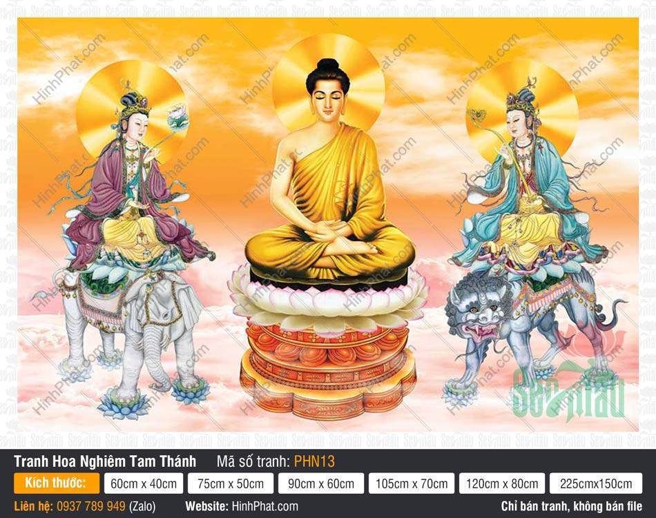 Hoa Nghiêm Tam Thánh PHN13 Tranh Hoa Nghiêm Tam Thánh PHN13 ngự đài sen giữa nền trời cam hồng ấm