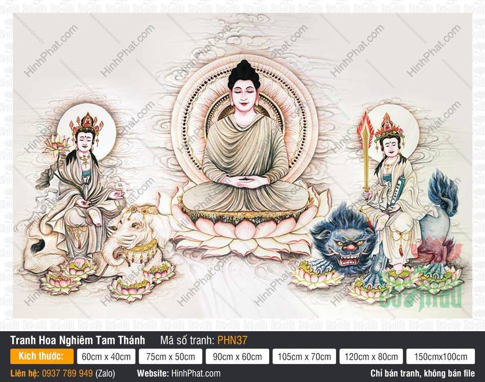 Hoa Nghiêm Tam Thánh PHN37 Bức họa Hoa Nghiêm Tam Thánh PHN37 khắc họa chư tôn trên nền vân mây tinh xảo