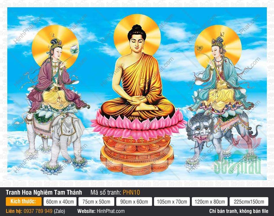 Thích Ca Tam Thánh PHN10 Tranh Thích Ca Tam Thánh PHN10 khắc họa Đức Phật thủ ấn thiền định tỏa hào quang