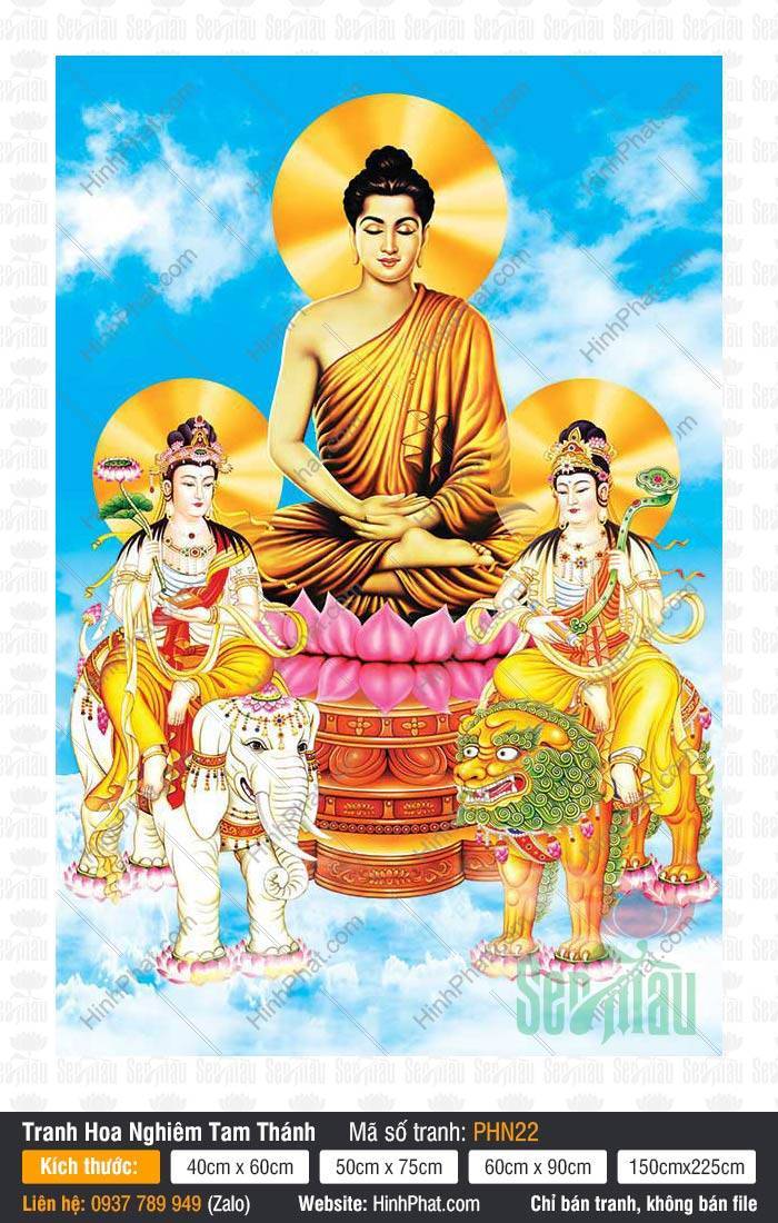 Thích Ca Tam Thánh PHN22 Tranh Thích Ca Tam Thánh PHN22 khắc họa Đức Phật và hai vị Bồ Tát cưỡi linh thú