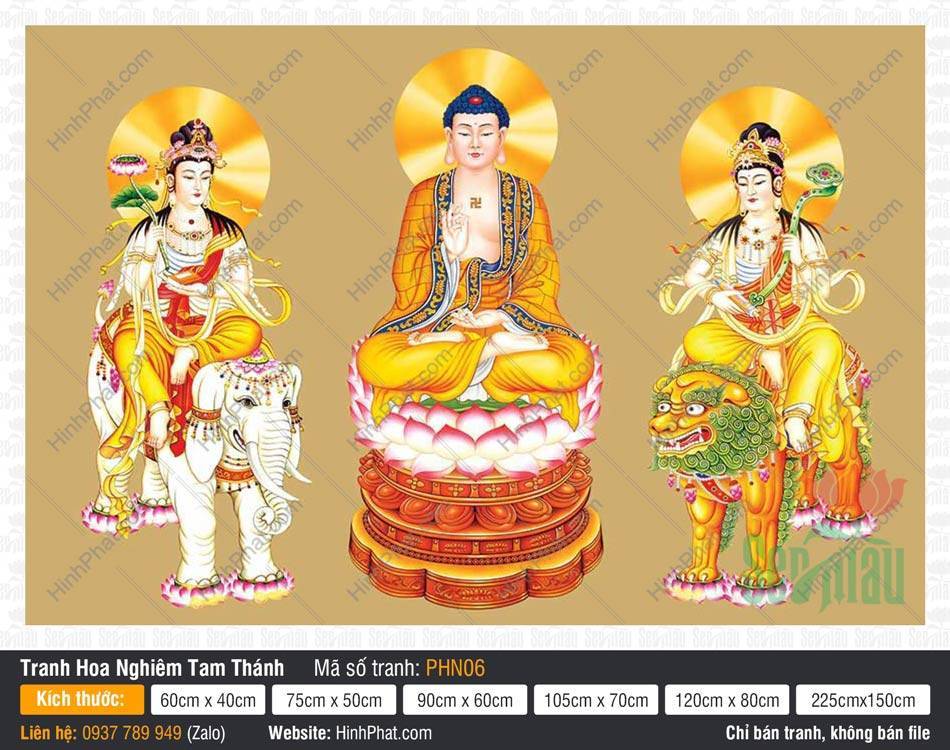 Tranh Hoa Nghiêm Tam Thánh PHN06 Tranh Hoa Nghiêm Tam Thánh PHN06 khắc họa ba vị thánh ngự trên nền vàng kim.