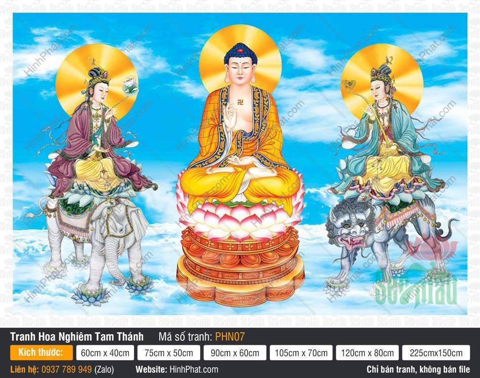 Tranh Hoa Nghiêm Tam Thánh đẹp PHN07 Tranh Hoa Nghiêm Tam Thánh đẹp PHN07 với áo choàng thẫm màu giữa trời mây xanh