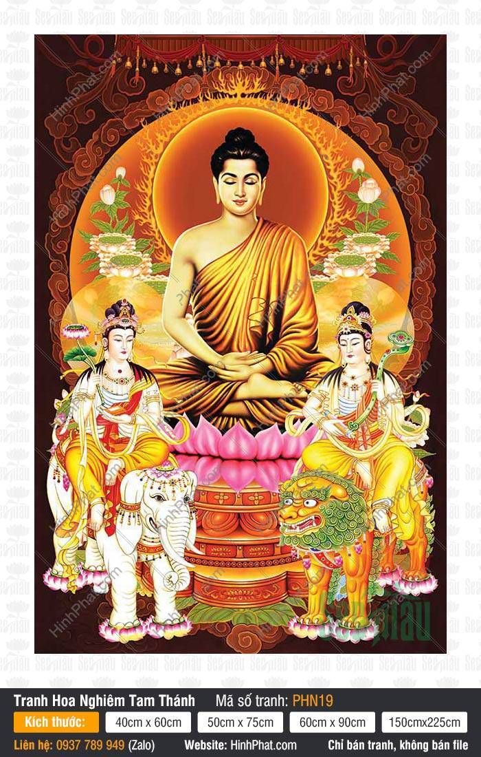 Tranh Hoa Nghiêm Tam Thánh đẹp PHN19 Tranh Hoa Nghiêm Tam Thánh đẹp PHN19 với khung nền nâu trầm và lọng che cổ kính