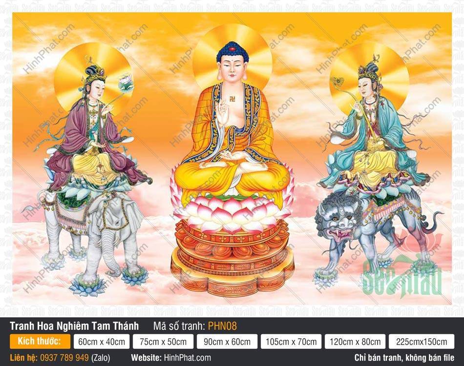 Tranh Hoa Nghiêm Tam Thánh đẹp nhất PHN08 Tranh Hoa Nghiêm Tam Thánh đẹp nhất PHN08 phác họa ba vị lộ diện trên nền mây cam