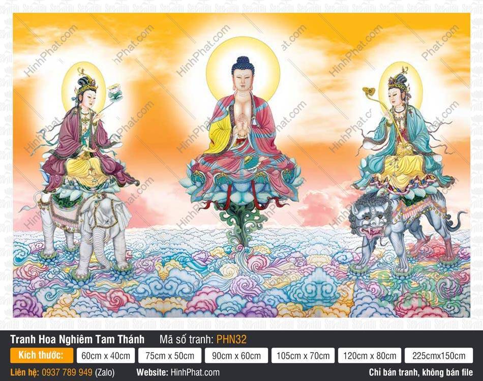 Tranh Hoa Nghiêm Tam Thánh đẹp nhất PHN32 Tranh Hoa Nghiêm Tam Thánh đẹp nhất PHN32 khắc họa các vị tôn giả ngự trên biển mây