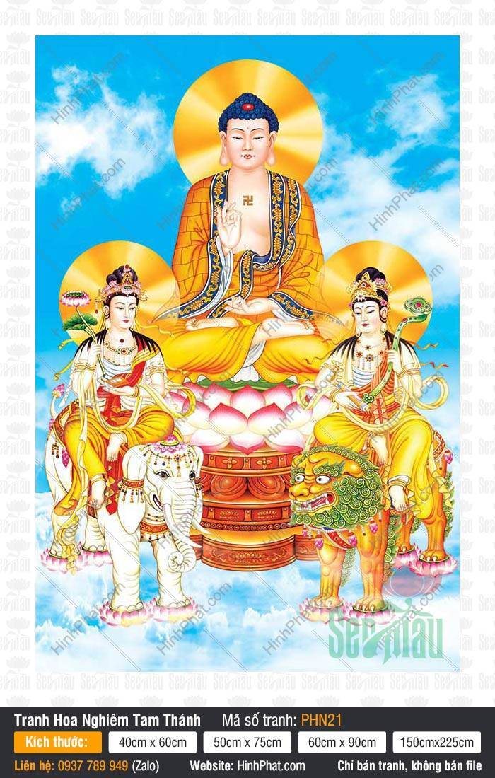Tranh Hoa Nghiêm Tam Thánh kích thước lớn PHN21 Tranh Hoa Nghiêm Tam Thánh kích thước lớn PHN21 ngự đài sen cùng hai đại Bồ Tát
