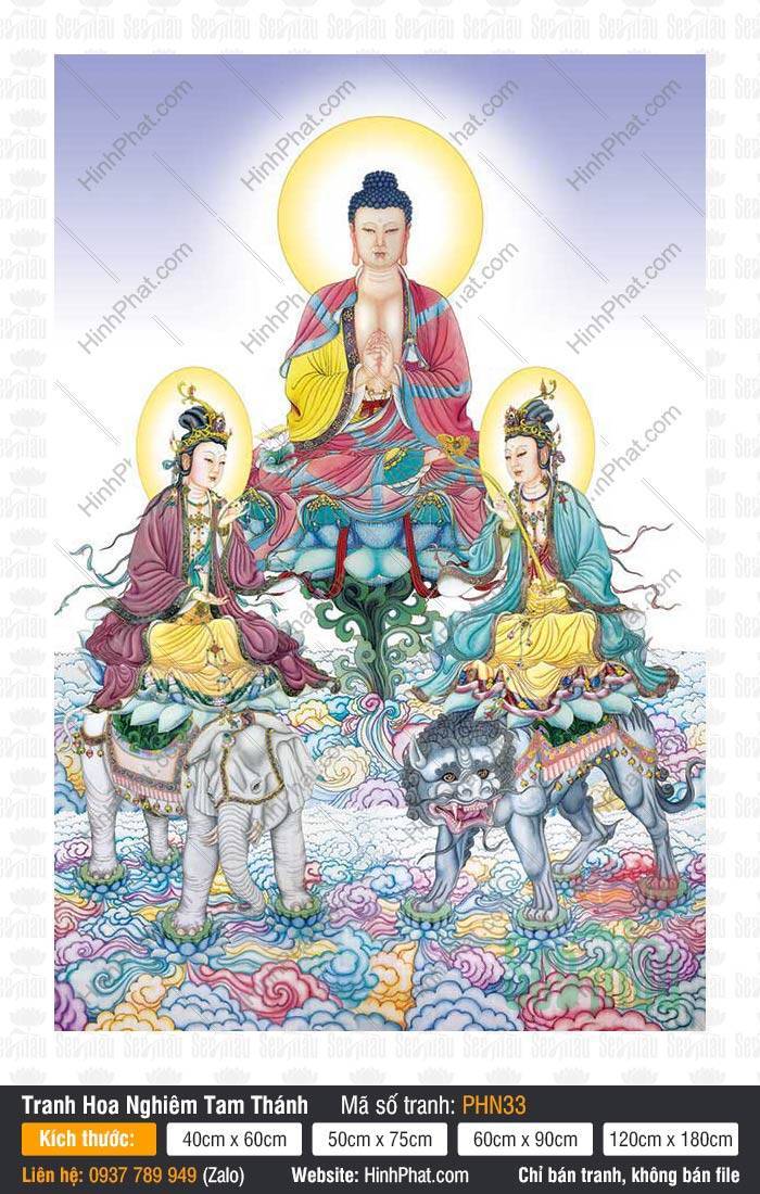 Tranh Hoa Nghiêm Tam Thánh kích thước lớn PHN33 Tranh Hoa Nghiêm Tam Thánh kích thước lớn PHN33 khắc họa Đức Phật kết ấn trước ngực