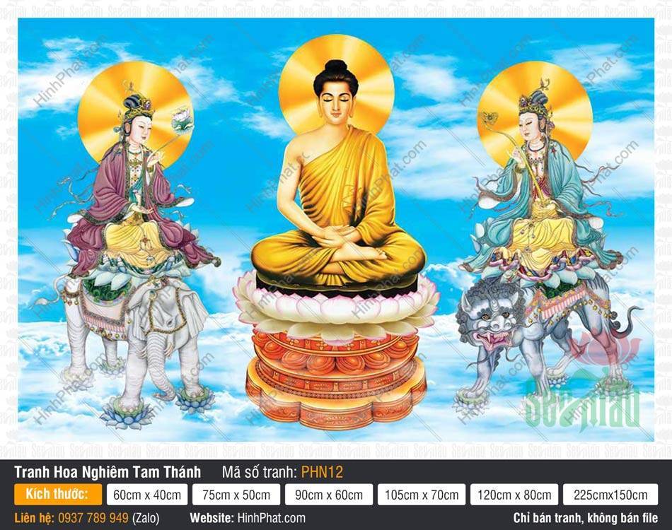 Tranh Thích Ca Tam Thánh PHN12 Tranh Thích Ca Tam Thánh PHN12 ngự tòa sen trên nền trời mây xanh thanh khiết