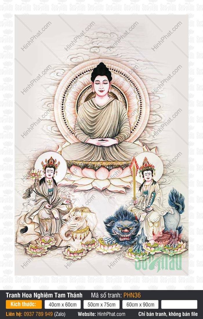 Tranh Thích Ca Tam Thánh PHN36 Tranh Thích Ca Tam Thánh PHN36 nét vẽ nhạt đắp y xám tọa thiền trên đài sen