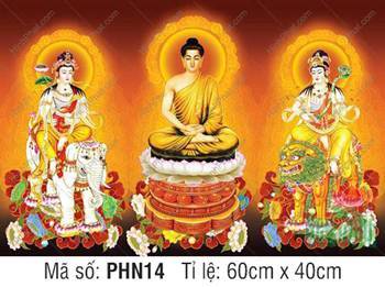 Hình Hoa Nghiêm Tam Thánh PHN14, rực rỡ sắc nền đỏ cam