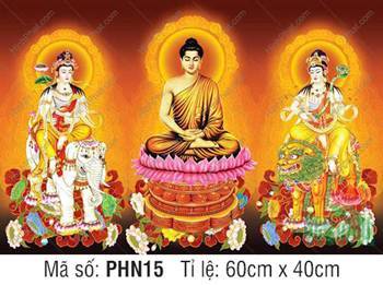 Hình Hoa Nghiêm Tam Thánh đẹp PHN15, sắc nền đỏ cam ấm áp