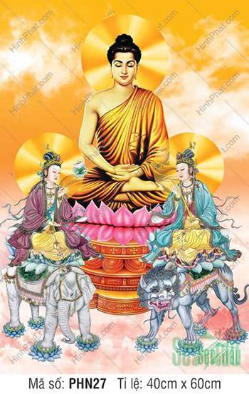 Hình Hoa Nghiêm Tam Thánh đẹp PHN27, hào quang nền vàng