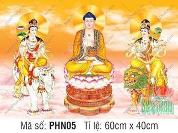 Hình Hoa Nghiêm Tam Thánh kích thước lớn PHN05, họa tiết nền mây cam