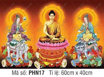 Hình Hoa Nghiêm Tam Thánh kích thước lớn PHN17, sắc nền đỏ cam ấm