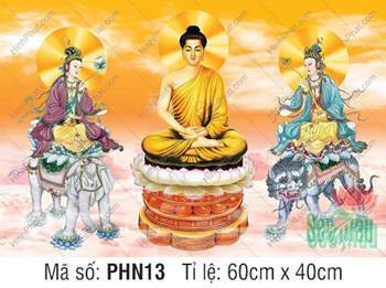 Hoa Nghiêm Tam Thánh PHN13, họa cảnh ba vị tôn nghiêm nền trời cam