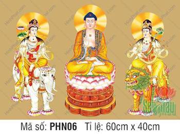Tranh Hoa Nghiêm Tam Thánh PHN06, sắc nền vàng kim trang nghiêm
