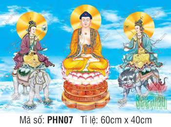 Tranh Hoa Nghiêm Tam Thánh đẹp PHN07, sắc áo choàng thẫm tôn nghiêm