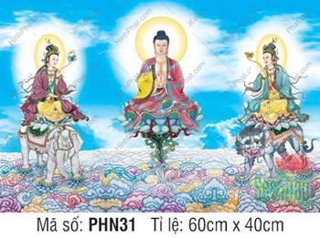 Tranh Hoa Nghiêm Tam Thánh đẹp PHN31, ngự trên biển mây ngũ sắc