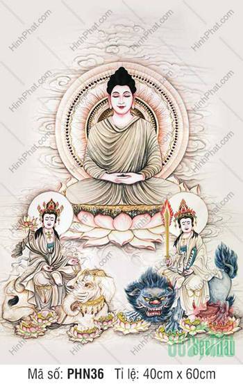 Tranh Thích Ca Tam Thánh PHN36, tông màu xám nhạt trang nhã
