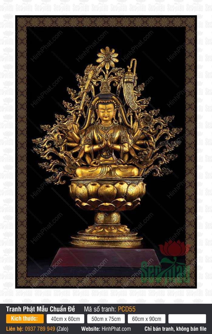 Tranh Nam Mô Phật Mẫu Chuẩn Đề PCD55 Tranh Nam Mô Phật Mẫu Chuẩn Đề PCD55 với kim thân vàng óng mười tám tay ngự tòa sen nền đen
