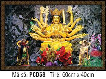 Tranh Phật Mẫu Chuẩn Đề PCD58, kim thân mười tám tay vàng óng