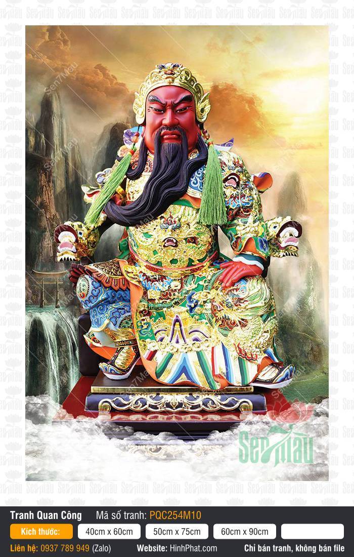 Già Lam Hộ Pháp PQC254M10 Già Lam Hộ Pháp PQC254M10 Quan Thánh mặt đỏ râu dài ngự tọa sơn thủy thác nước sinh động