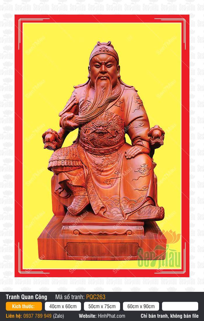 Già Lam Hộ Pháp PQC263 Già Lam Hộ Pháp PQC263 họa Quan Thánh ngồi ngai rồng gỗ đỏ trên nền vàng tươi rực rỡ