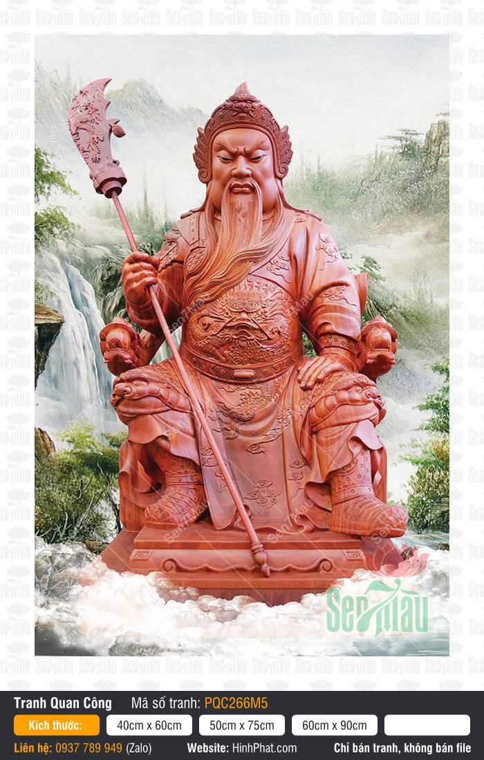 Già Lam Hộ Pháp PQC266M5 Già Lam Hộ Pháp PQC266M5 ngồi uy nghi tay cầm đao sắc vân gỗ đỏ nền thác nước