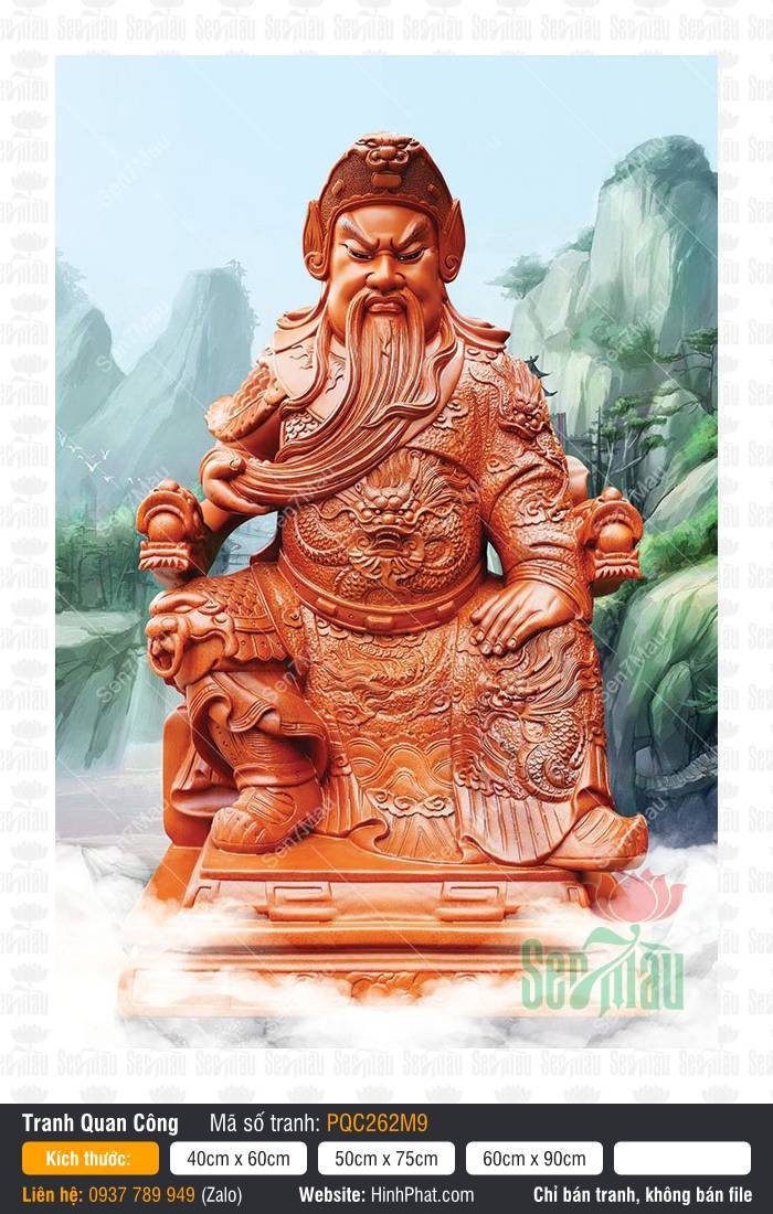 Hình Già Lam Bồ Tát PQC262M9 Hình Già Lam Bồ Tát PQC262M9 họa Quan Thánh ngồi oai nghiêm màu giả gỗ trên ngai rồng