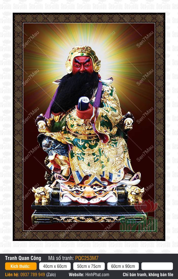 Hình Quan Công PQC253M7 Hình Quan Công PQC253M7 mặc giáp bào xanh thêu rồng ngồi trên bệ đầu hổ uy nghi