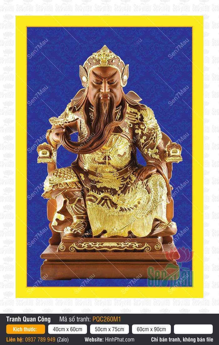 Hình Quan Công PQC260M1 Hình Quan Công PQC260M1 ngự trên ngai rồng trong bộ giáp vàng rực rỡ trên nền xanh