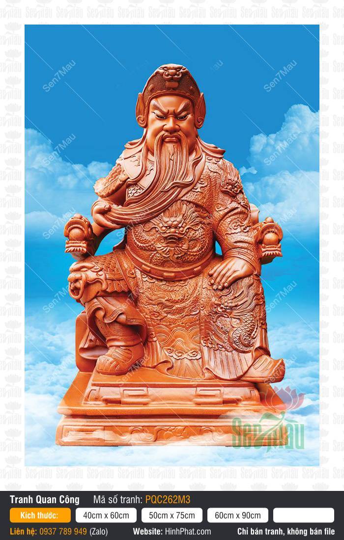 Hình Quan Công PQC262M3 Hình Quan Công PQC262M3 khắc họa Ngài ngồi trên ngai rồng sắc đỏ gỗ giữa nền trời mây xanh