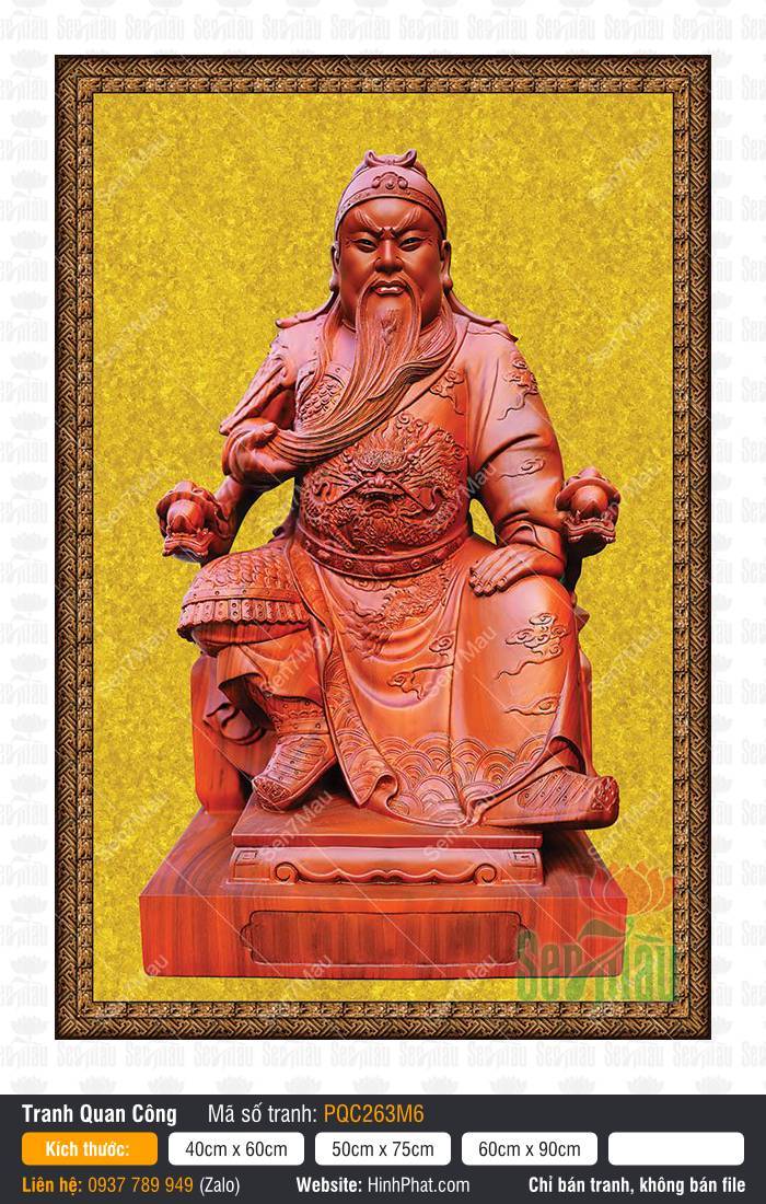Hình Quan Công PQC263M6 Hình Quan Công PQC263M6 họa Quan Thánh tọa ngai rồng gỗ đỏ trên nền vàng rực rỡ