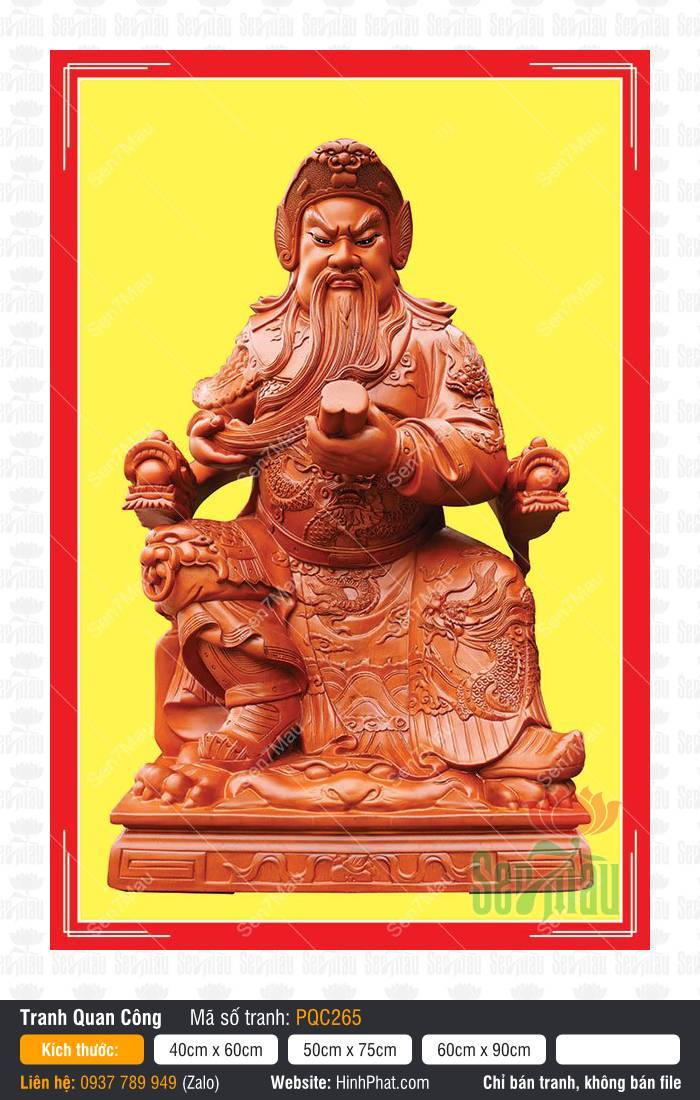 Hình Quan Công PQC265 Hình Quan Công PQC265 ngồi trên ngai báu cầm cuốn kinh Xuân Thu trên nền vàng