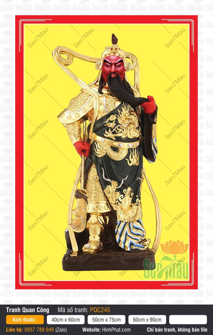 Hình Quan Công đẹp PQC245 Hình Quan Công đẹp PQC245 phác họa Quan Thánh Đế Quân cầm Thanh Long Đao trên nền vàng rực