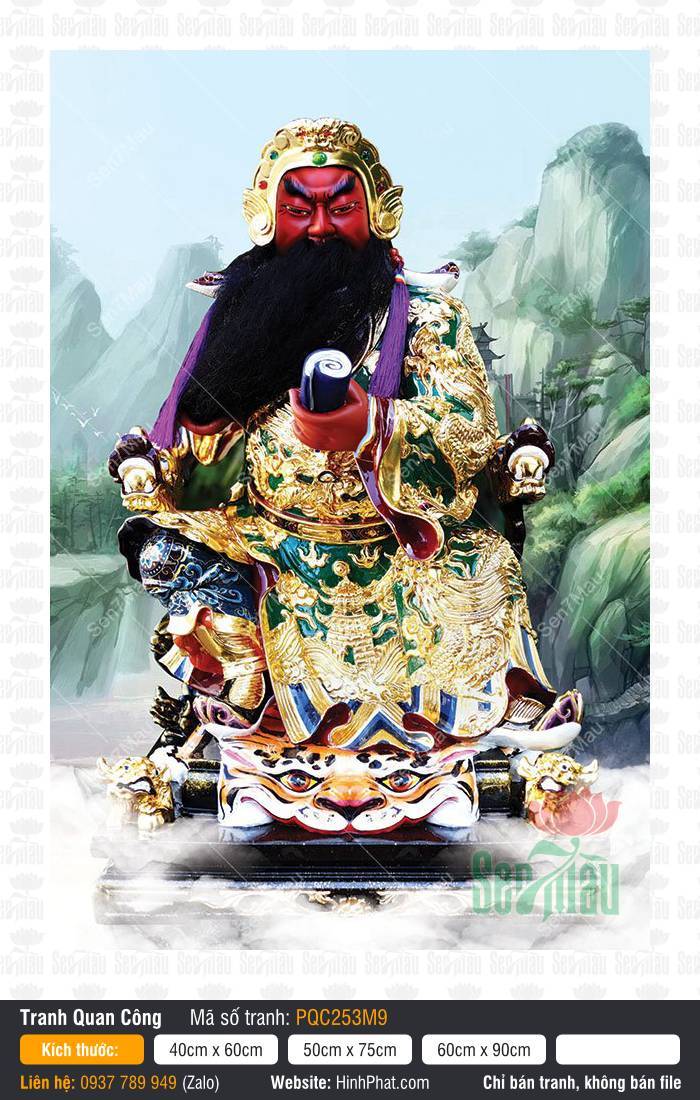 Hình Quan Công đẹp PQC253M9 Hình Quan Công đẹp PQC253M9 Quan Thánh mặt đỏ râu dài ngồi bệ hổ giữa núi non