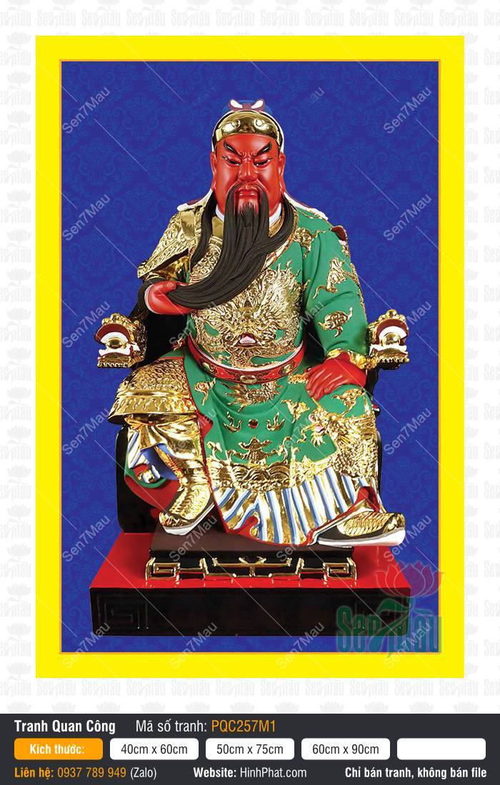 Hình Quan Công đẹp PQC257M1 Hình Quan Công đẹp PQC257M1 Quan Thánh mặt đỏ râu dài mặc chiến bào xanh thêu rồng