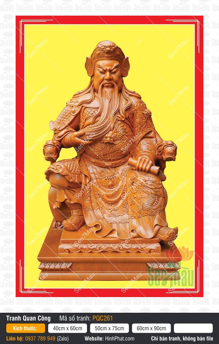 Hình Quan Công đẹp PQC261 Quan Thánh tông màu gỗ ngồi cầm cuốn thư trên nền vàng trong Hình Quan Công đẹp PQC261