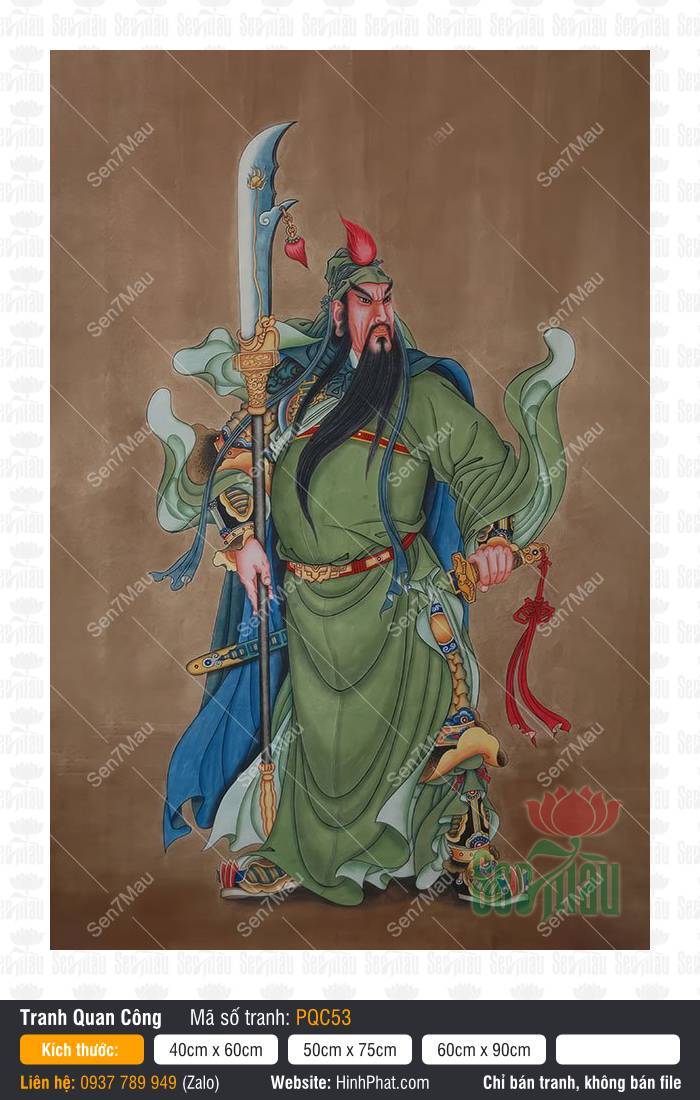 Quan Công Võ Thánh PQC53 Hình Quan Công Võ Thánh PQC53 dáng đứng khoác áo bào xanh rêu tay cầm trường đao