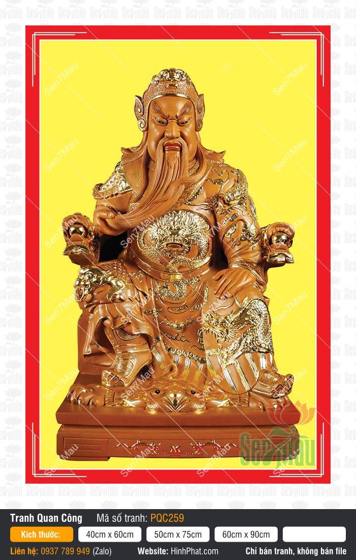 Tranh Già Lam Bồ Tát PQC259 Tranh Già Lam Bồ Tát PQC259, hình ảnh Quan Thánh tông màu vàng đồng ngồi trên ngai rồng