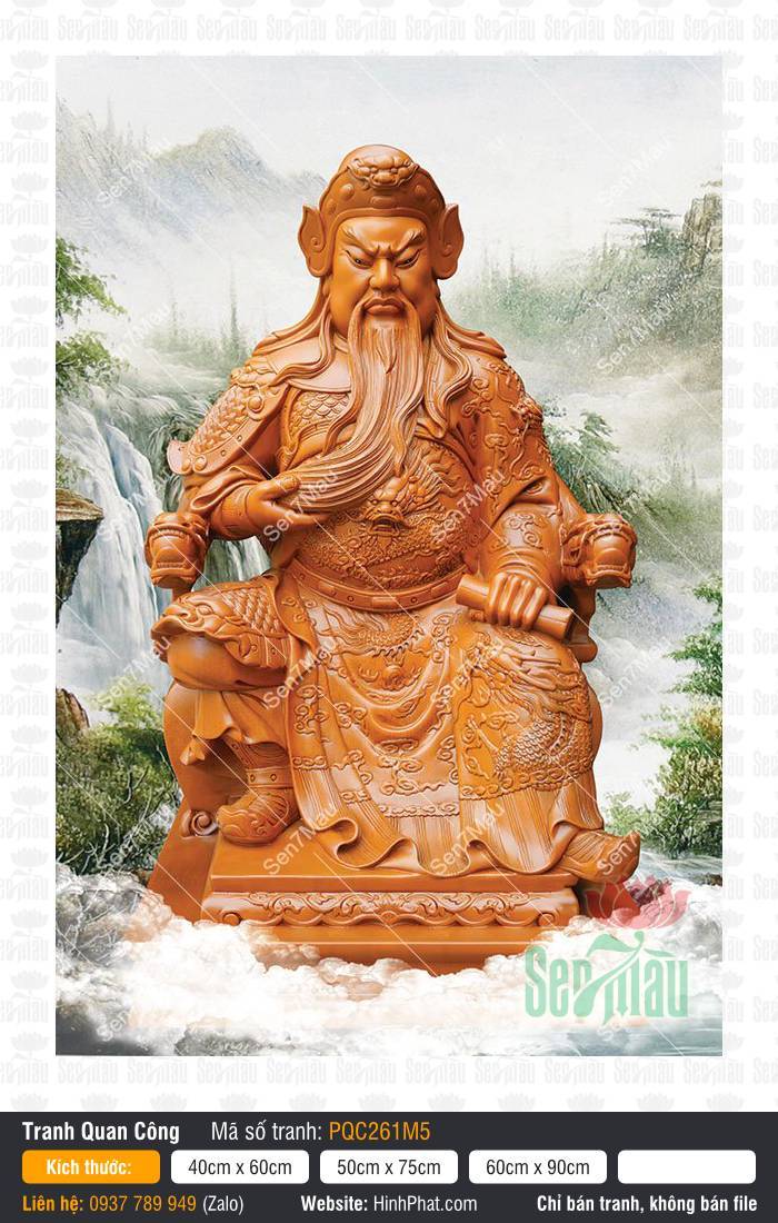 Tranh Già Lam Bồ Tát PQC261M5 Tranh Già Lam Bồ Tát PQC261M5, Quan Công ngồi cầm sách bên thác nước sơn thủy hữu tình