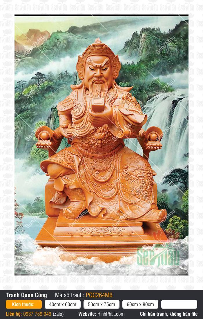 Tranh Già Lam Bồ Tát PQC264M6 Tranh Già Lam Bồ Tát PQC264M6, Ngài Quan Vân Trường cầm ấn tín trên nền thác nước núi rừng