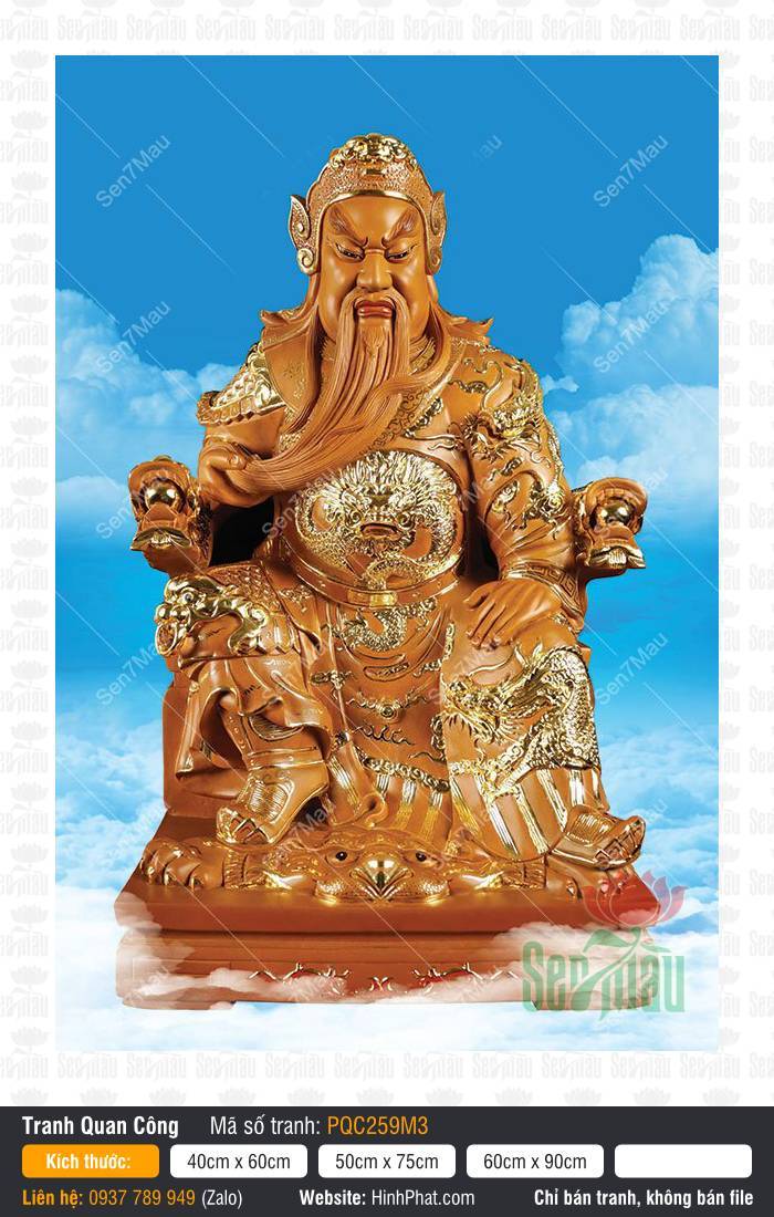 Tranh Già Lam Hộ Pháp PQC259M3 Tranh Già Lam Hộ Pháp PQC259M3, Quan Thánh màu hổ phách ngồi ngai rồng giữa nền trời mây